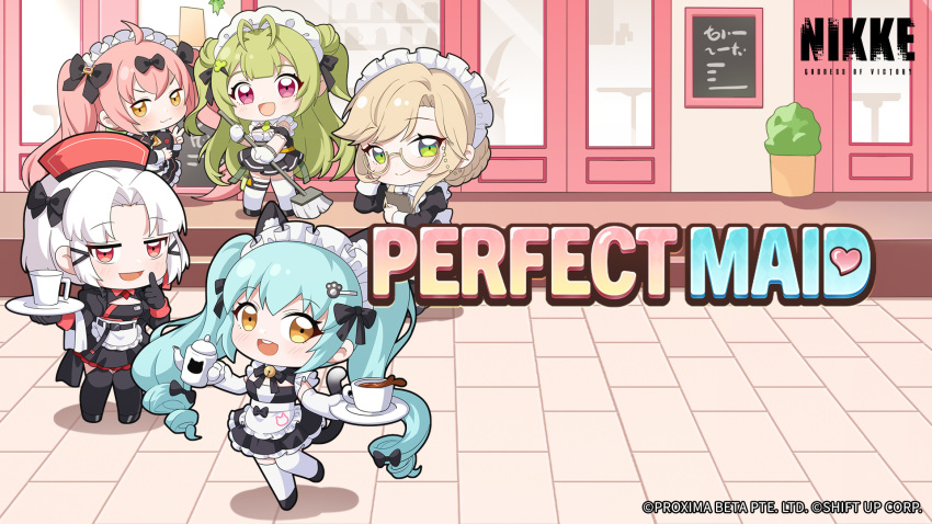 ade_(nikke), ahoge, animal_ears, animal_print, antenna_hair, apron, aqua_hair, bell