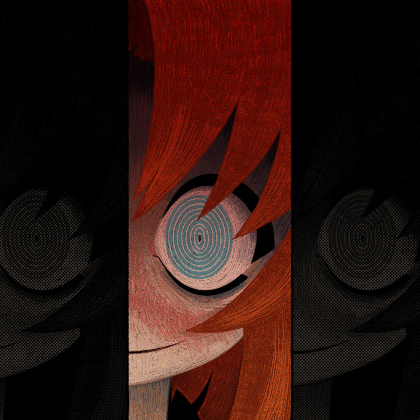 1girl, blue_eyes, clone, close-up, column_lineup, commentary, cryptidhermit, dark