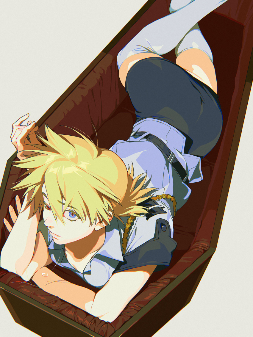 1girl, absurdres, blonde_hair, blue_eyes, coffin, hellsing, highres, lying, mgong520, on_stomach, seras_victoria, solo, thigh-highs, uniform, white_thighhighs