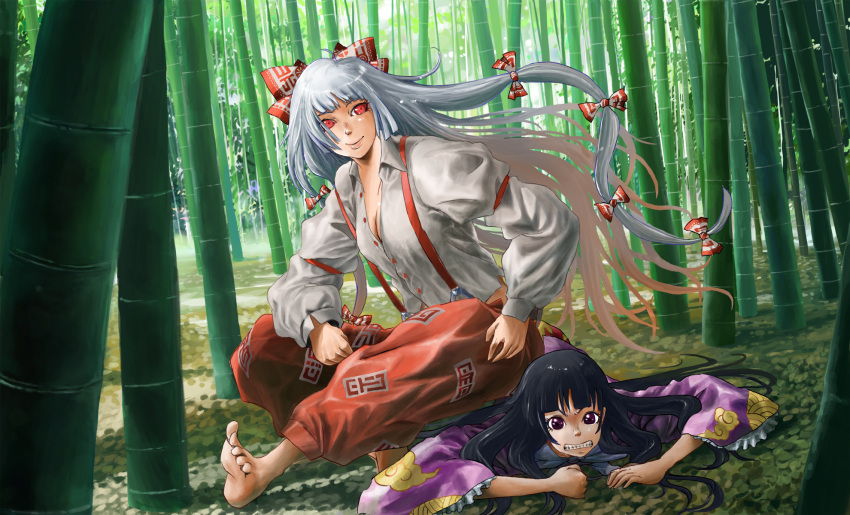 bamboo, bamboo_forest, barefoot, bear_(qma), black_hair, bow, forest, fujiwara_no_mokou