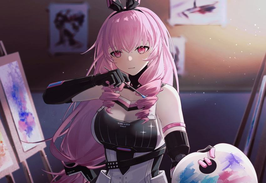1girl, alternate_breast_size, ayla:_kaleido_(punishing:_gray_raven), ayla_(punishing:_gray_raven), bare_shoulders, black_shirt, canvas_(object), drill_hair