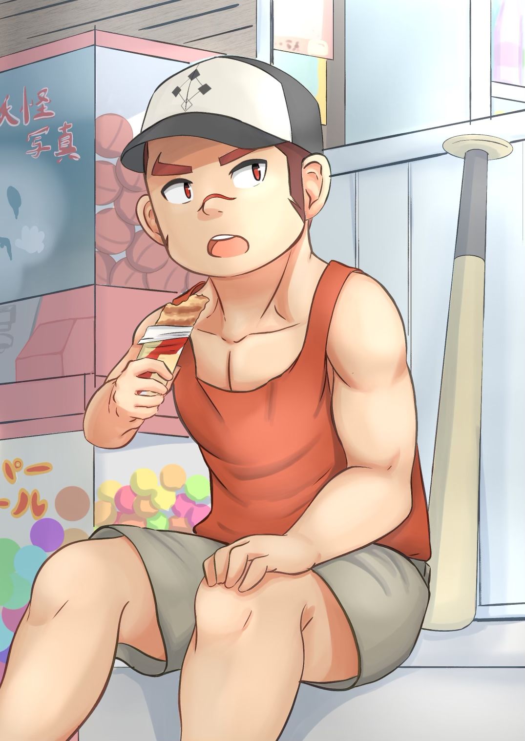 1boy, aged_down, akashi_(live_a_hero), child, eating, highres, live_a_hero, long_sideburns