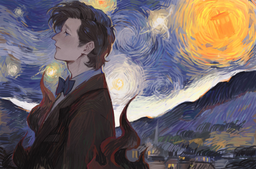 1boy, brown_hair, brown_suit, doctor_who, eleventh_doctor_(doctor_who), highres, looking_to_the_side, luminousslime, solo, starry_night_(van_gogh), suit