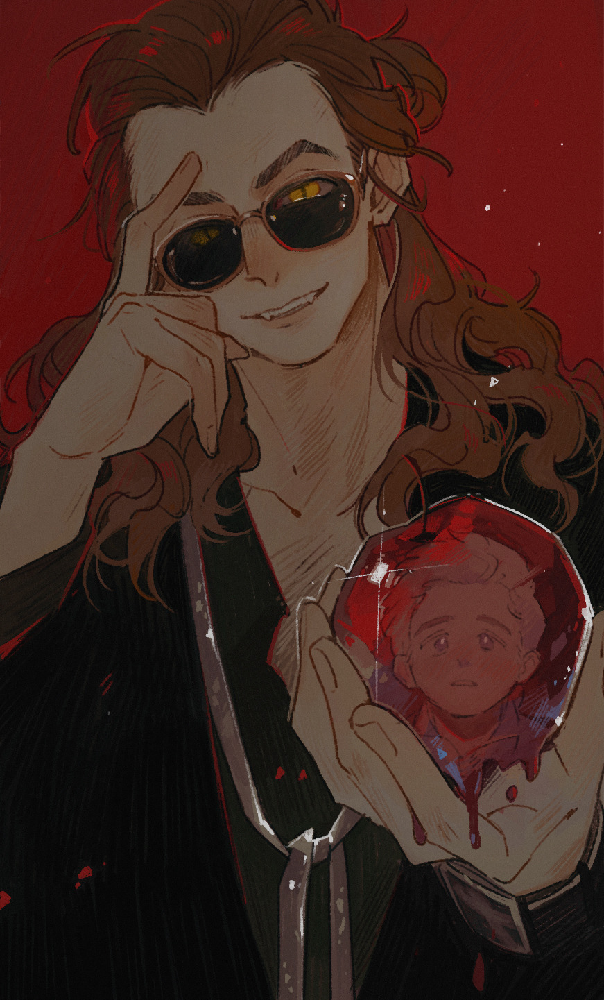 2boys, angel, apple, aziraphale_(good_omens), black_suit, crowley_(good_omens), demon, demon_boy, food, fruit, good_omens, highres, looking_at_viewer, luminousslime, multiple_boys, redhead, slit_pupils, suit, yellow_eyes