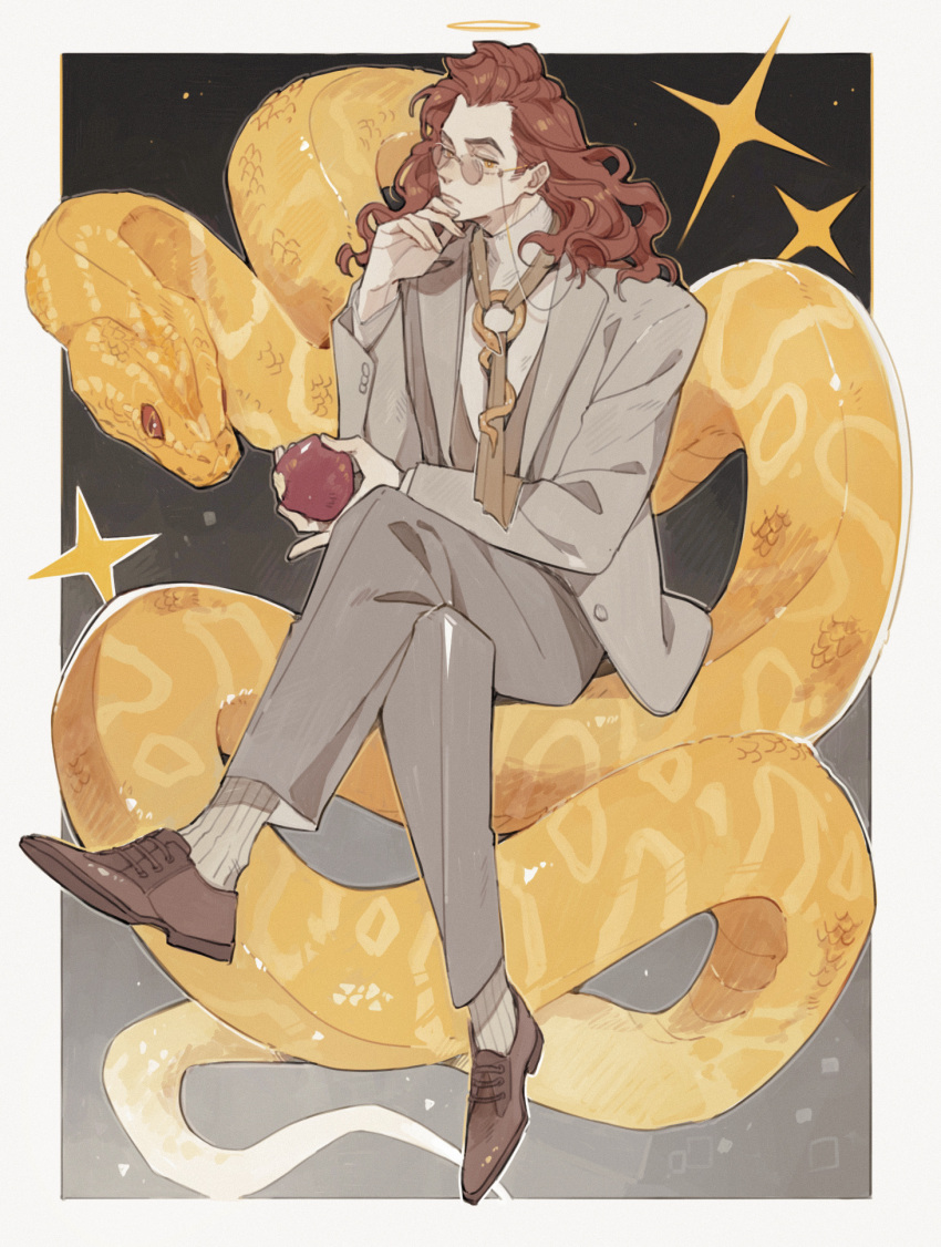 1boy, brown_footwear, crossed_legs, crowley_(good_omens), demon, demon_boy, glasses, good_omens