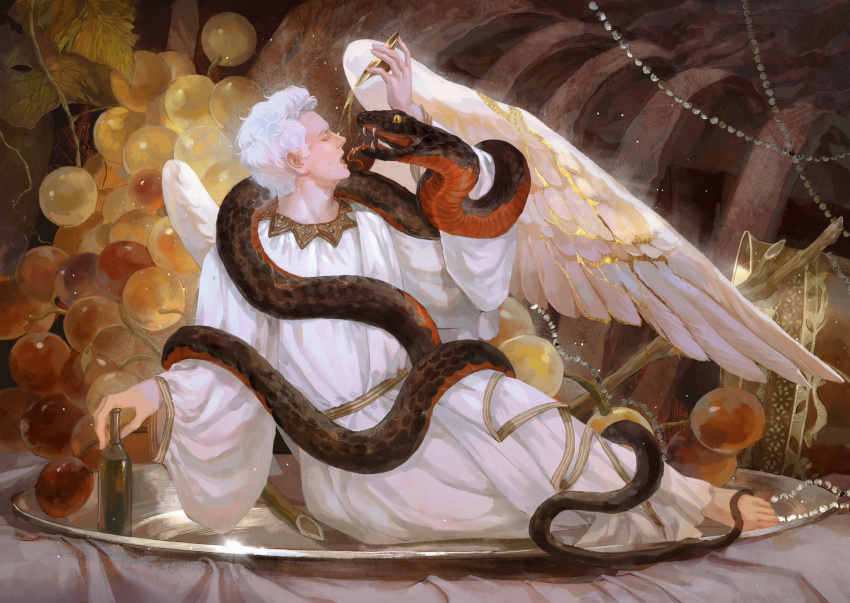2boys, angel, angel_wings, aziraphale_(good_omens), crowley_(good_omens), demon, demon_boy, food, fruit, good_omens, grapes, highres, lying, mianlei_yanjiu_xuezhe, multiple_boys, on_side, plate, robe, snake, white_hair, white_robe, wings