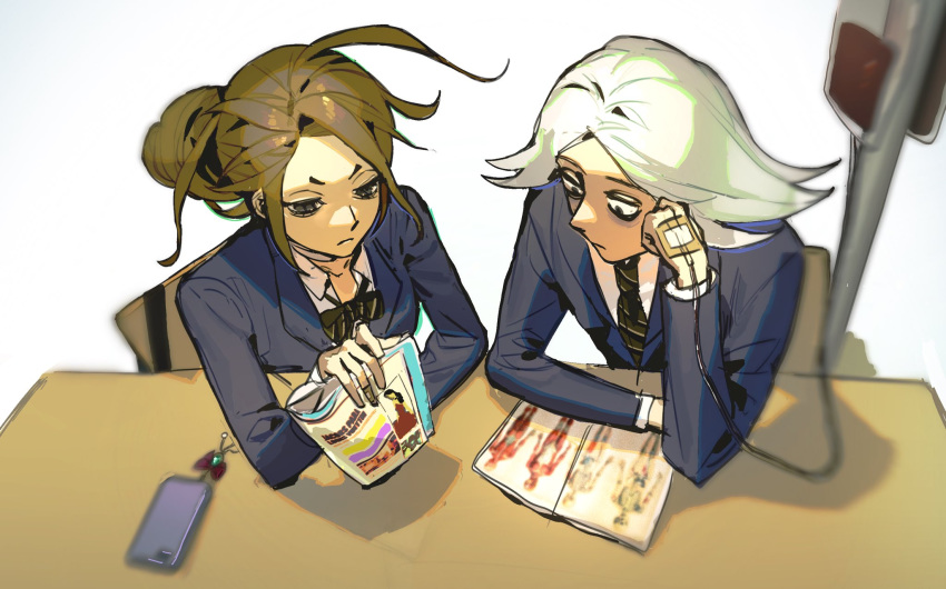 1boy, 1girl, ahoge, antenna_hair, black_eyes, blazer, blue_jacket, book