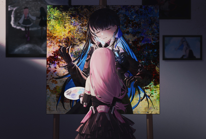 ayla:_kaleido_(punishing:_gray_raven), ayla_(punishing:_gray_raven), black_dress, black_hair, blue_hair, blue_ribbon, closed_eyes, colored_inner_hair