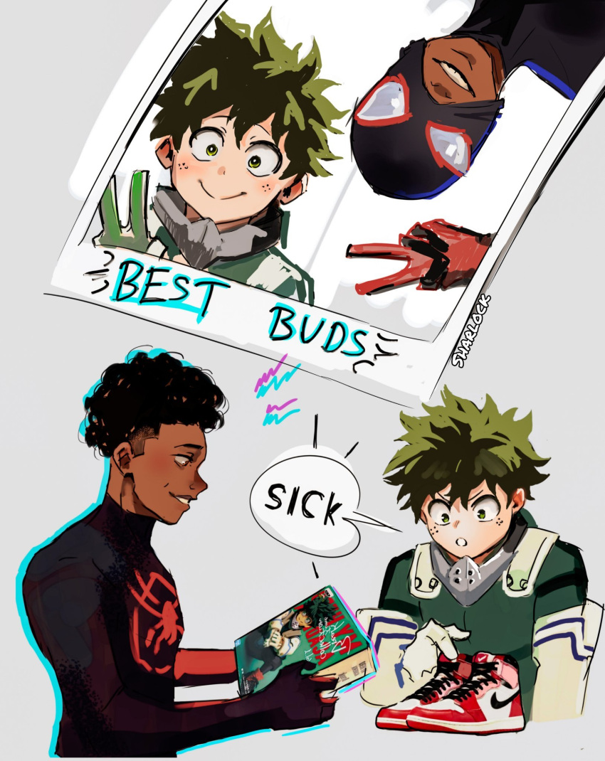 2boys, afro, artist_name, black_hair, blue_outline, bodysuit, boku_no_hero_academia, brown_eyes, crossover, dark-skinned_male, dark_skin, elbow_gloves, english_text, gloves, green_bodysuit, green_eyes, green_hair, grey_background, highres, male_focus, marvel, mask, mask_around_neck, merchandise, midoriya_izuku, miles_morales, multiple_boys, nike_(company), outline, photo_(object), sharl0ck, shoes, smile, sneakers, speech_bubble, spider-man:_across_the_spider-verse, spider-man_(series), spider-verse, superhero, upper_body, upside-down, v