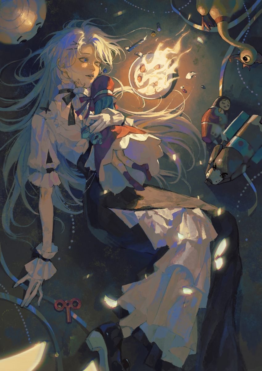 1girl, absurdres, black_skirt, blue_eyes, burning, cake, candle, ccccl.