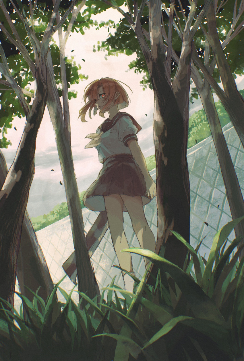 1girl, ankle_socks, blue_sailor_collar, blue_skirt, cleaver, grass, hashitsuki_nata, highres