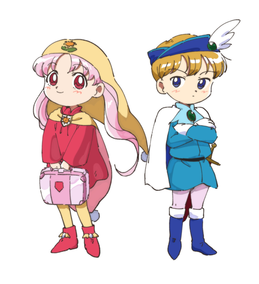 1boy, 1girl, absurdres, blonde_hair, blush, boots, cape, commentary_request