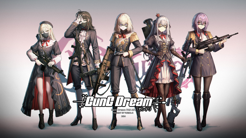 5girls, arm_up, ave_mujica_(bang_dream!), bang_dream!, bang_dream!_it's_mygo!!!!!, beret, black_dress, black_footwear