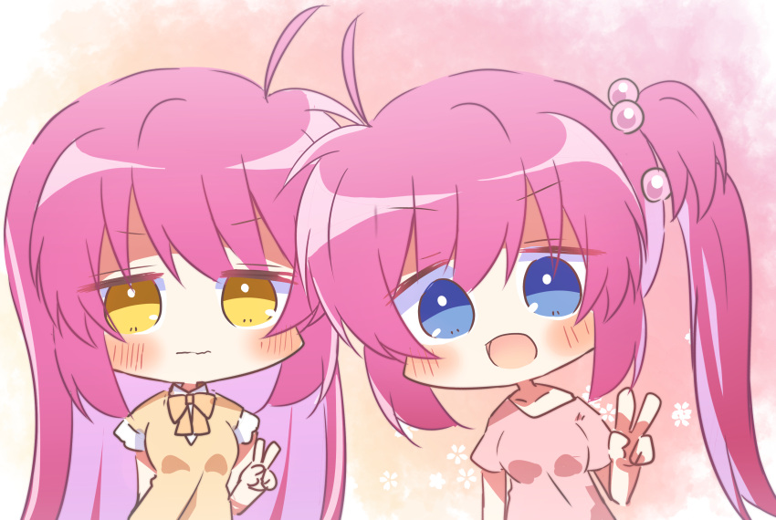2girls, ahoge, blue_eyes, blush, bow, casual, chibi, chibi_only, closed_mouth, commentary, dress, embarrassed, eyes_visible_through_hair, frown, futaki_kanata, hair_between_eyes, hair_bobbles, hair_ornament, hand_up, happy, hashtag_only_commentary, highres, jitome, little_busters!, long_hair, multiple_girls, one_side_up, open_mouth, orange_bow, pink_background, pink_shirt, purple_hair, saigusa_haruka, shirt, short_sleeves, siblings, side_ponytail, simple_background, sisters, smile, twins, twins_day, upper_body, utuigawa, v, yellow_dress, yellow_eyes