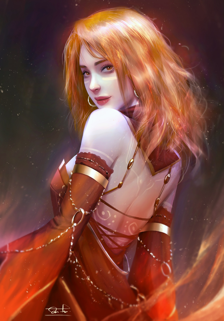 1girl, backless_dress, backless_outfit, bare_shoulders, breasts, closed_mouth, detached_sleeves, dota_(series), dota_2, dress, earrings, english_commentary, hoop_earrings, jewelry, lina_(dota), long_hair, looking_at_viewer, looking_back, orange_eyes, orange_hair, razaras, red_dress, red_lips, red_sleeves, signature, solo