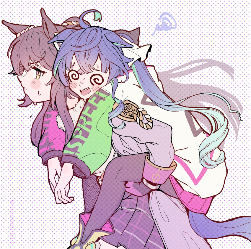 2girls, @_@, ahoge, animal_ears, aqua_hair, bandaid, bandaid_on_face, bandaid_on_nose