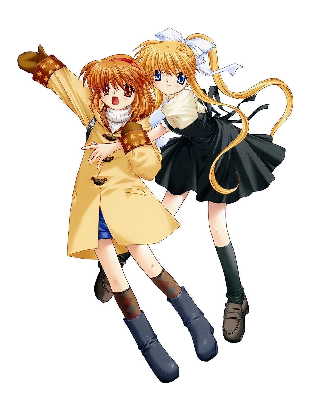 air_(visual_novel), argyle_socks, black_dress, black_footwear, black_socks, blonde_hair, blue_eyes, blue_shorts, brown_coat, brown_eyes, brown_hair, brown_mittens, brown_socks, coat, company_connection, dress, hair_ribbon, hairband, highres, hinoue_itaru, hug, kamio_misuzu, kanon, key_(company), long_hair, mittens, official_art, ponytail, red_hairband, ribbon, school_uniform, shirt, short_hair, shorts, sidelocks, simple_background, socks, strap, third-party_source, tsukimiya_ayu, white_background, white_shirt
