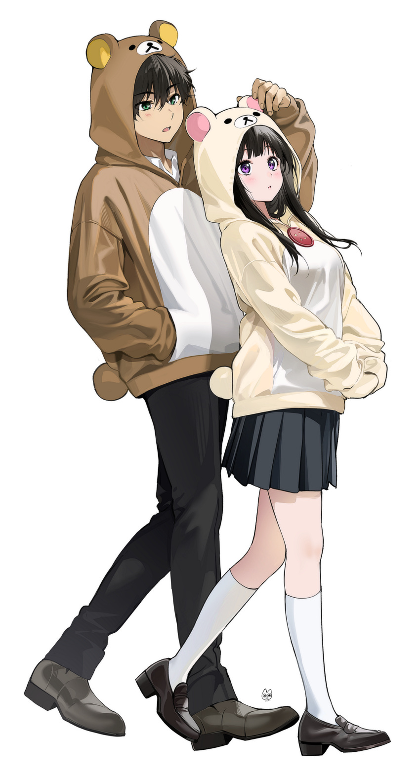 1boy, 1girl, absurdres, alternate_costume, animal_hood, artist_logo, bear_hood, black_hair