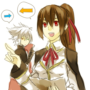 blazblue_phase_0, bloodedge, brown_hair, celica_a_mercury, heterochromia, lowres, ponytail, ragna_the_bloodedge