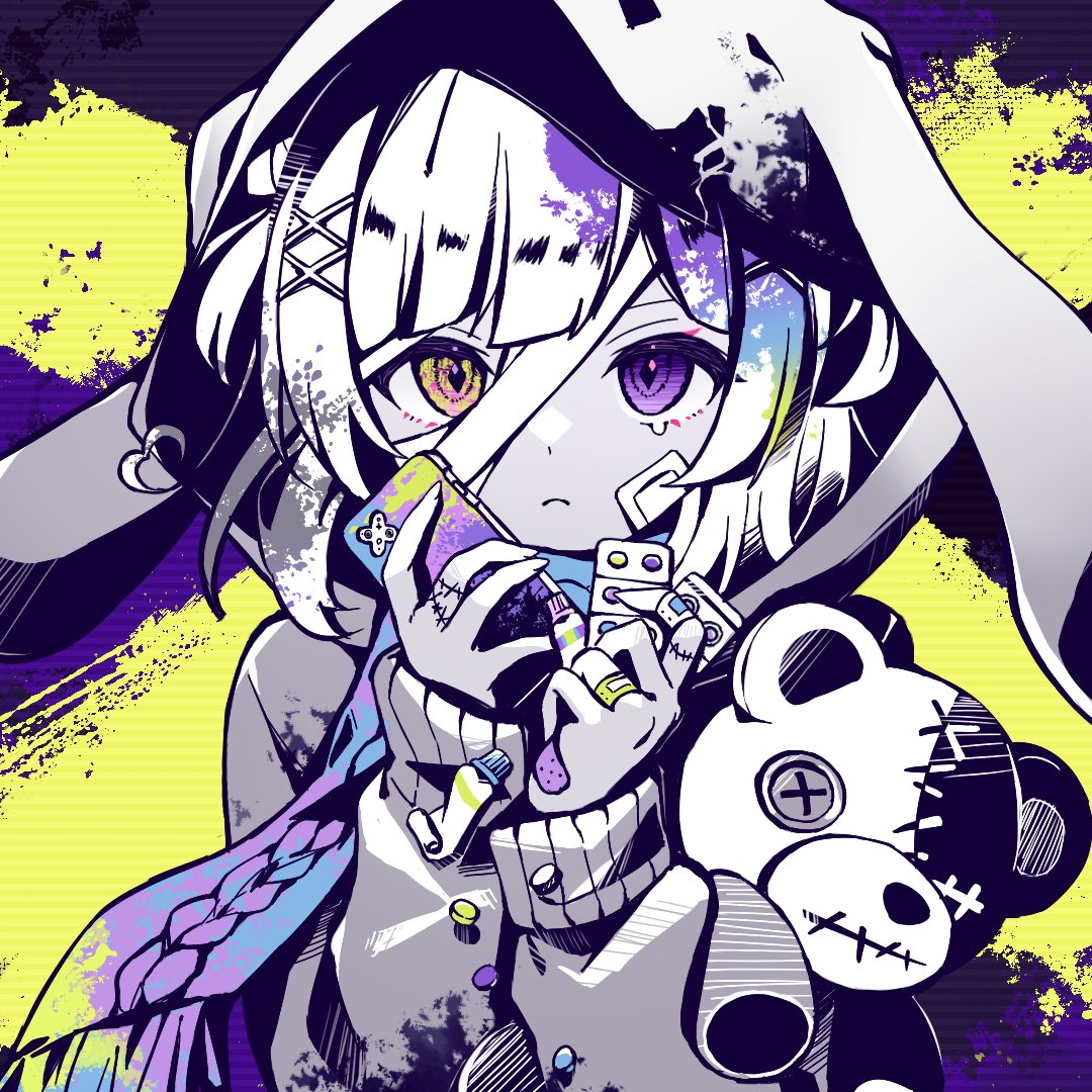 1girl, animal_ear_hood, bandaged_head, bandages, bandaid, bandaid_on_hand, blister_pack, blunt_ends