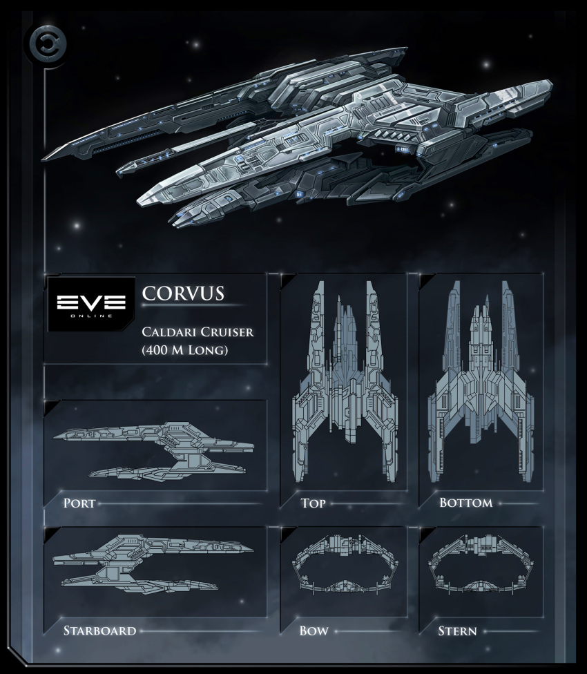 black_border, border, caldari_state_(eve_online), commentary, concept_art, copyright_name, cruiser_(eve_online), dark_background