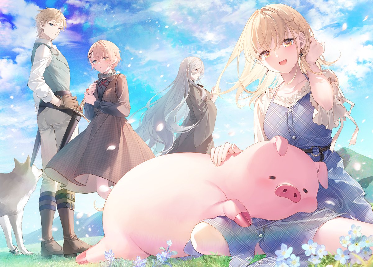 1boy, 3girls, black_dress, blonde_hair, blue_dress, blue_sky, brace_(buta_no_liver_wa_kanetsu_shiro), buta_no_liver_wa_kanetsu_shiro