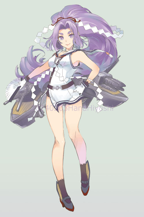 1girl, character_name, dress, folded_fan, folding_fan, full_body, grey_background, hand_fan