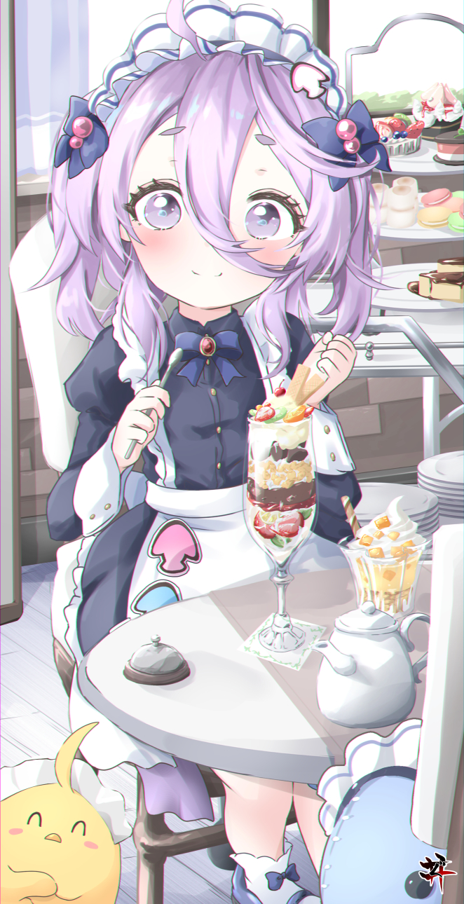 1girl, apron, azur_lane, blue_bow, blush, bow, cake, call_bell