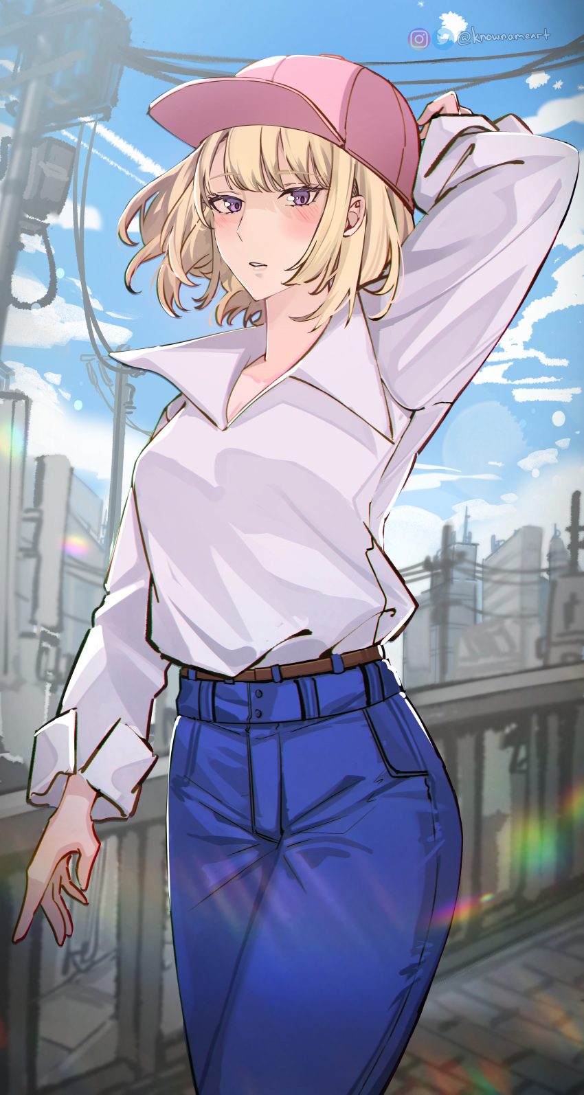 1girl, absurdres, arm_behind_head, belt, blonde_hair, blurry, bob_cut, casual