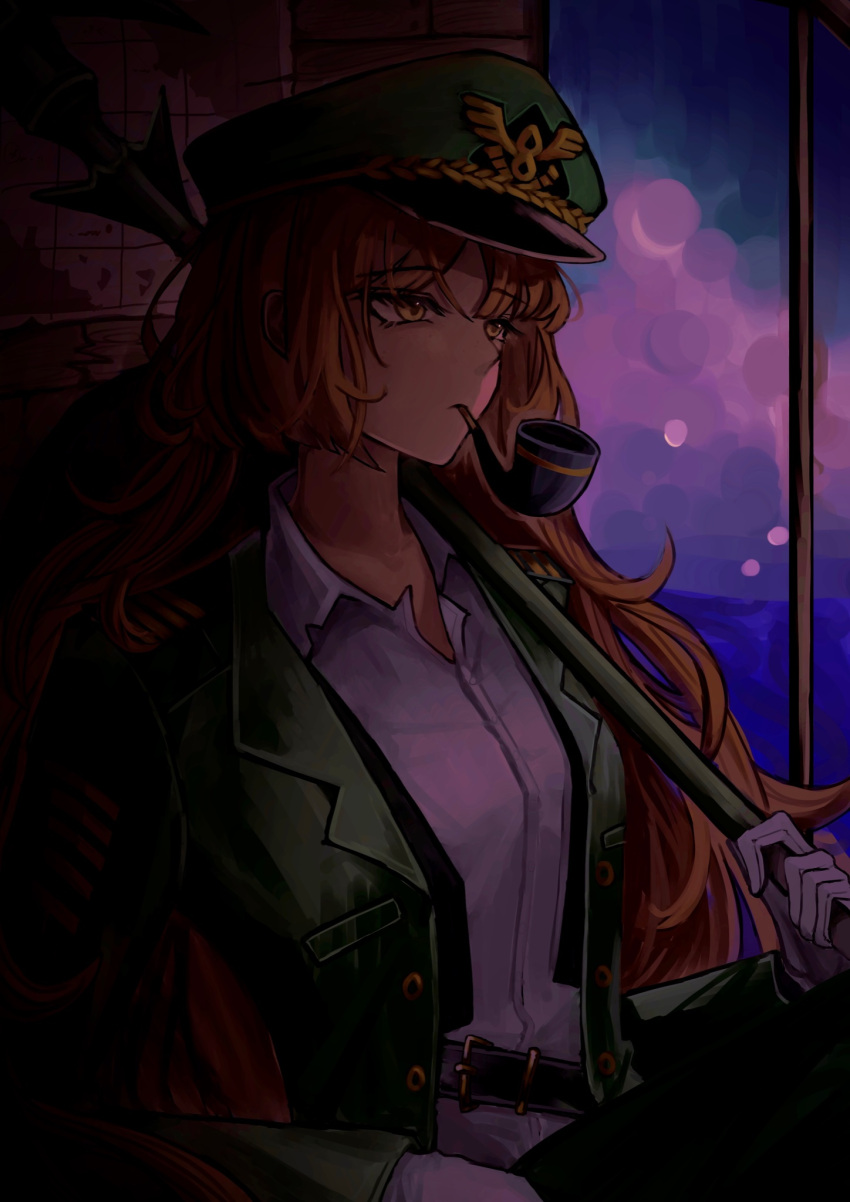 1girl, collared_shirt, dress_shirt, feng_bang, gloves, green_headwear, green_jacket, harpoon