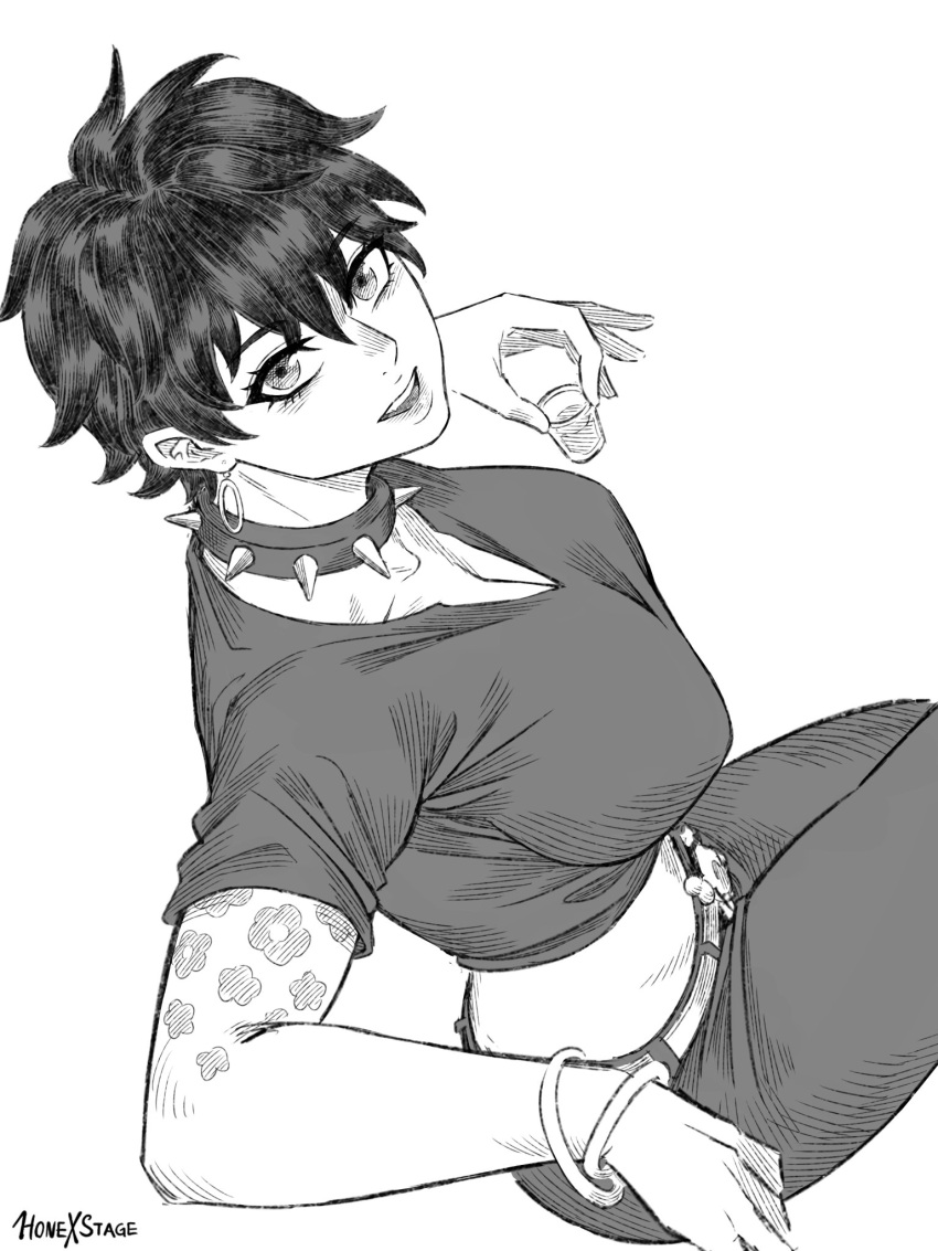 1girl, artist_name, black_hair, black_pants, bracelet, collar, commentary, cup