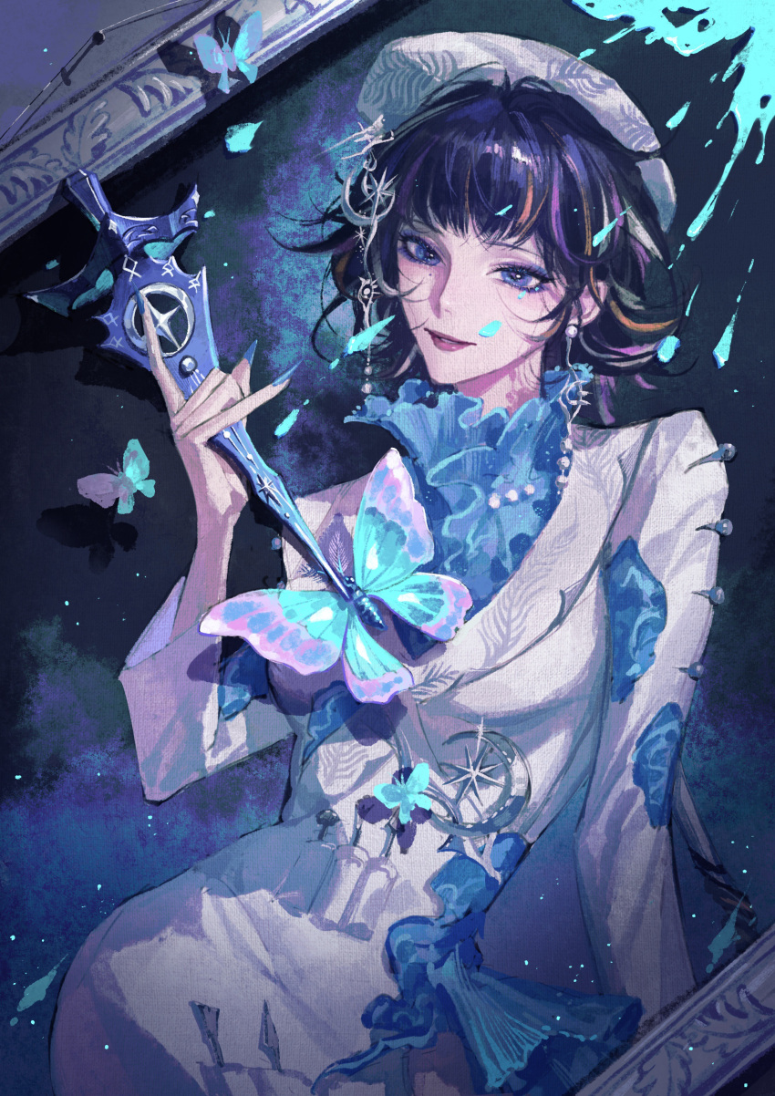 1girl, \m/, absurdres, aqua_butterfly, aqua_nails, aqua_shirt, art_brush, black_hair