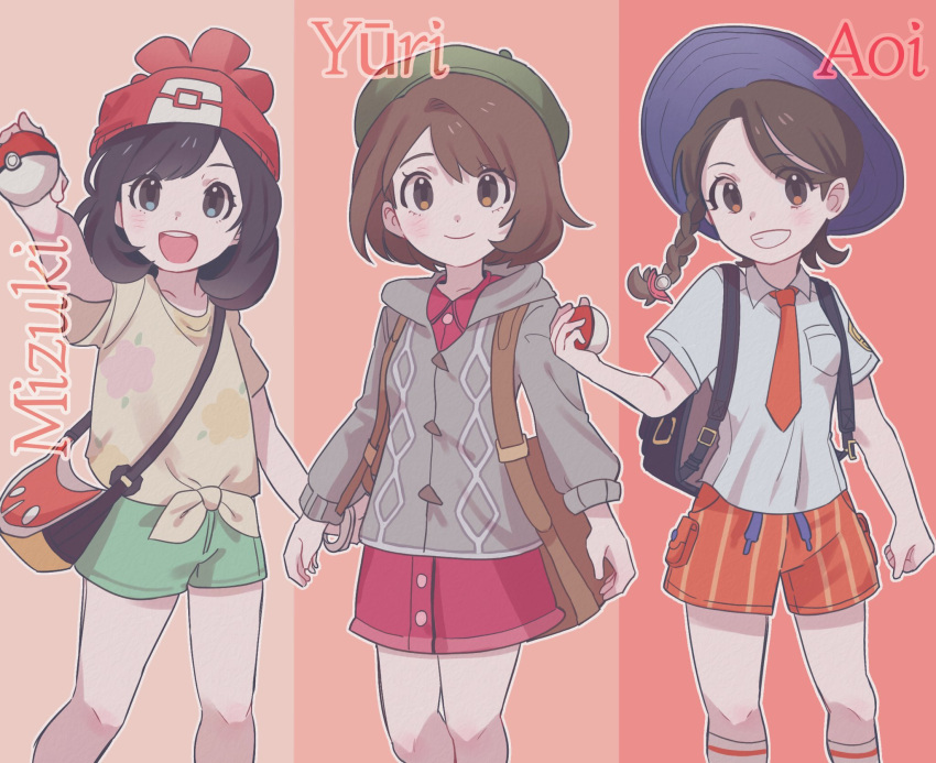 3girls, :d, backpack, bag, beanie, beret, black_bag, blush