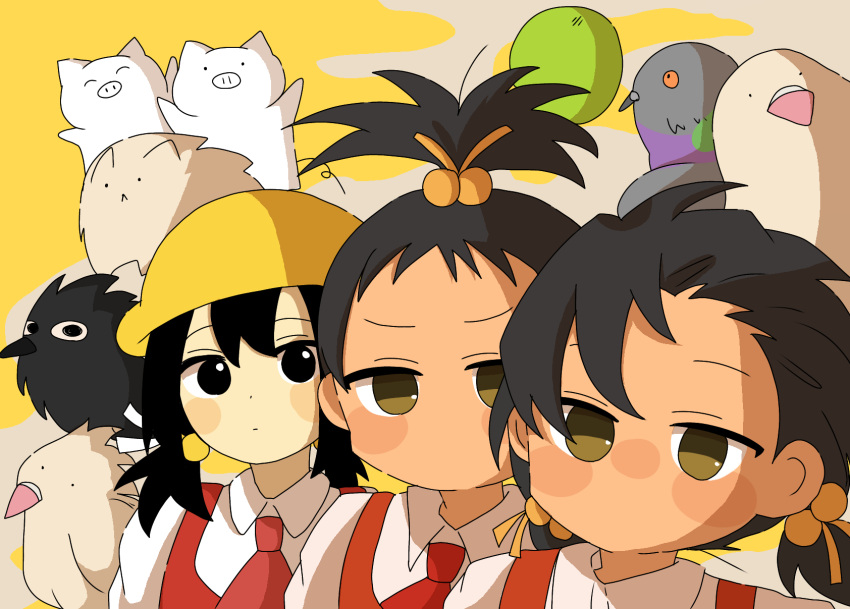 1girl, alternate_costume, alternate_hairstyle, animal, ascot, bird, black_eyes, black_hair