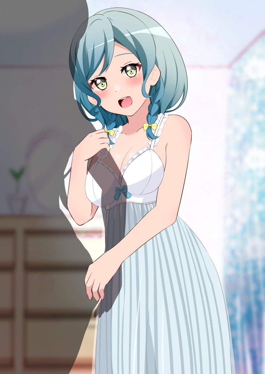 1girl, 1other, absurdres, aqua_hair, arm_grab, bang_dream!, braid, commentary_request, commission, highres, hikawa_hina, indoors, kisaragi_setsu_(mssk8485), looking_at_viewer, medium_hair, nightgown, open_mouth, partial_commentary, pixiv_commission, side_braids, sleepwear, smile, standing, twin_braids, yellow_eyes