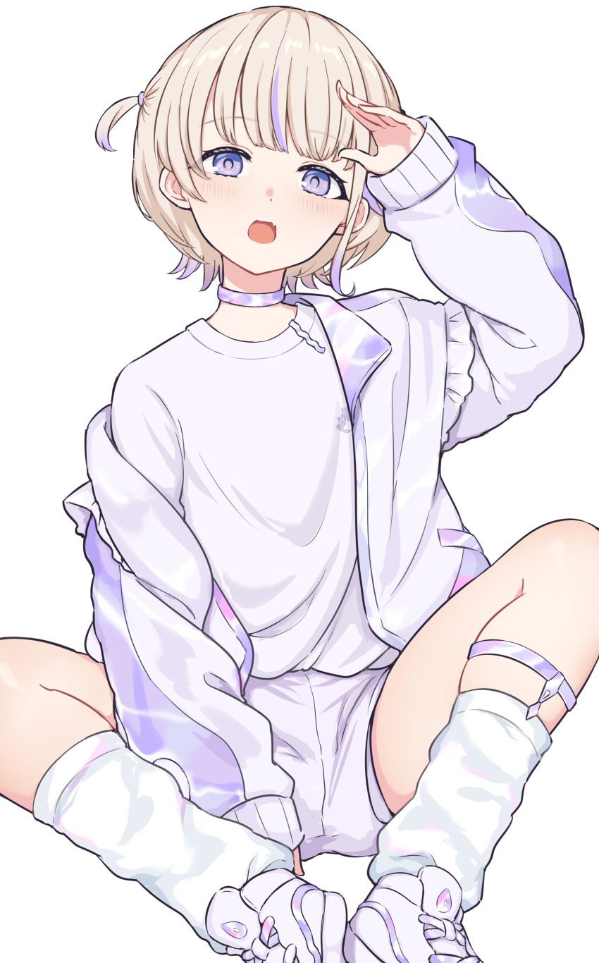 1girl, absurdres, blonde_hair, choker, eternaltanbo, highres, hololive, hololive_dev_is, jacket, leg_warmers, purple_choker, shirt, shoes, shorts, sitting, sneakers, todoroki_hajime, violet_eyes, virtual_youtuber, white_background