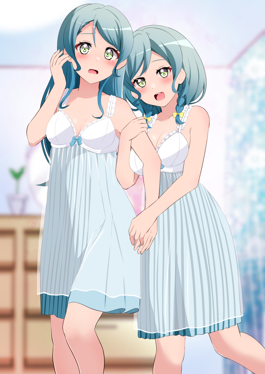 2girls, absurdres, aqua_hair, arm_grab, bang_dream!, blurry, blurry_background, braid