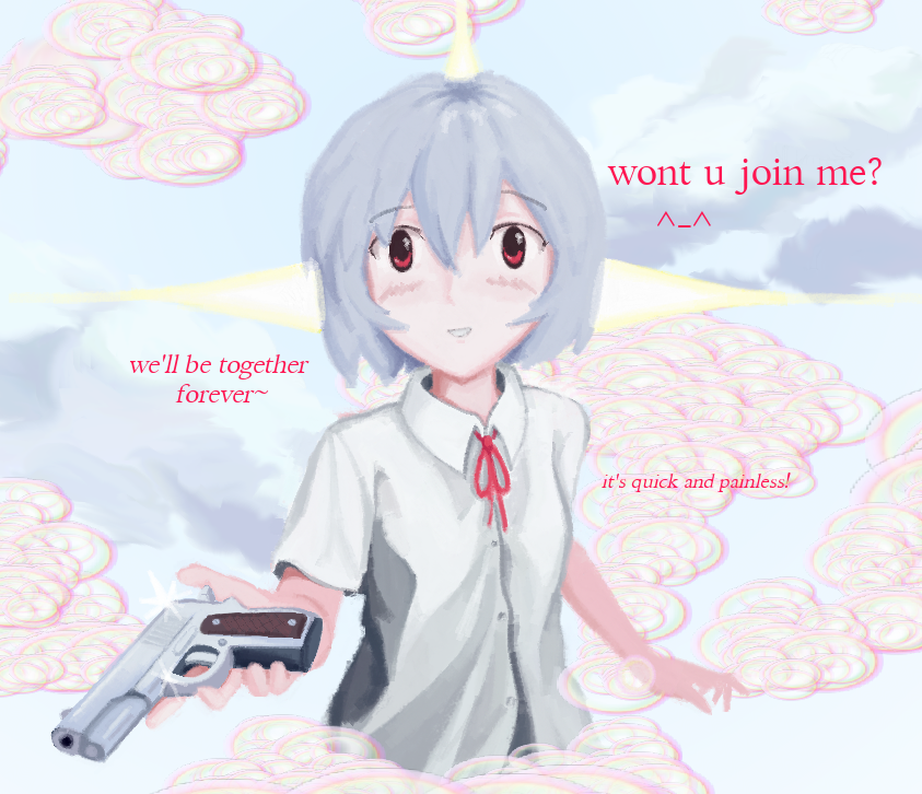 1girl, ayanami_rei, blush, clouds, collared_shirt, commentary, english_text, grey_hair