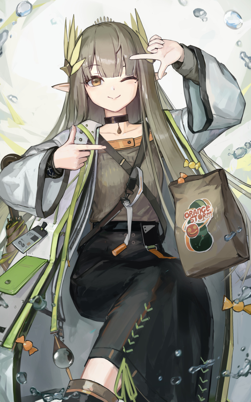 1girl, absurdres, arknights, black_choker, black_skirt, brown_bag, brown_eyes, brown_hair, brown_shirt, candy, choker, closed_mouth, coat, commentary_request, elf, finger_frame, food, hands_up, highres, lab_coat, laurel_crown, laurels, long_sleeves, looking_at_viewer, mole, mole_under_eye, muelsyse_(arknights), one_eye_closed, open_clothes, open_coat, paserin_ekaku, pointy_ears, shirt, skirt, smile, solo, water_drop, white_coat, wrapped_candy