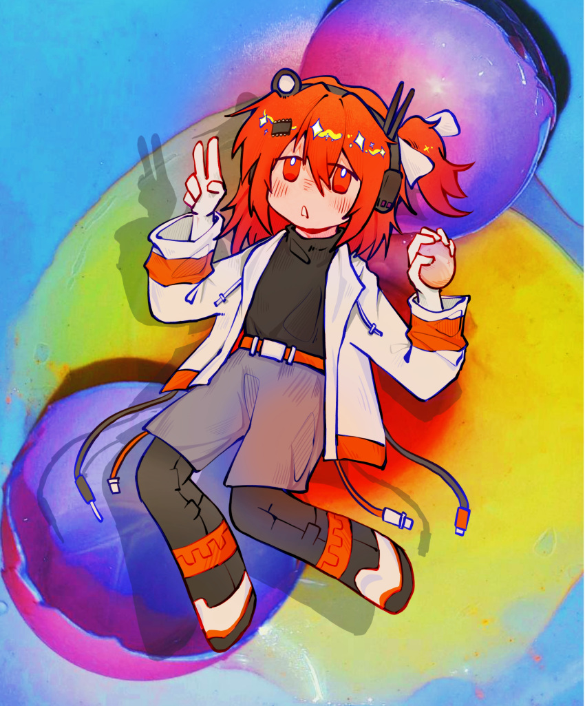 1girl, a.i._voice, absurdres, adachi_rei, belt, black_shirt, blush, cable, drop_shadow, egg, egg_(food), food, full_body, grey_shorts, hair_between_eyes, hands_up, headset, highres, holding, holding_egg, jacket, long_sleeves, looking_at_viewer, medium_hair, one_side_up, open_clothes, open_jacket, open_mouth, orange_belt, orange_eyes, orange_hair, qwqhi, radio_antenna, shirt, shoes, shorts, solo, utau, v, white_footwear, white_jacket