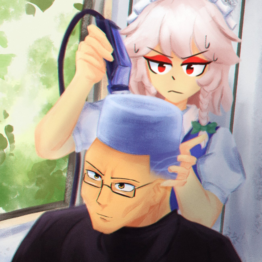 1boy, 1girl, alternate_hairstyle, arm_up, barber_cape, blue_hair, bow, braid