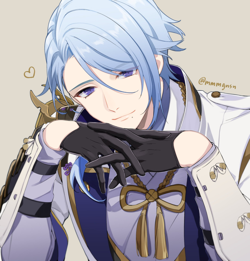 1boy, arm_guards, armor, artist_name, black_gloves, blue_hair, closed_mouth, commentary_request