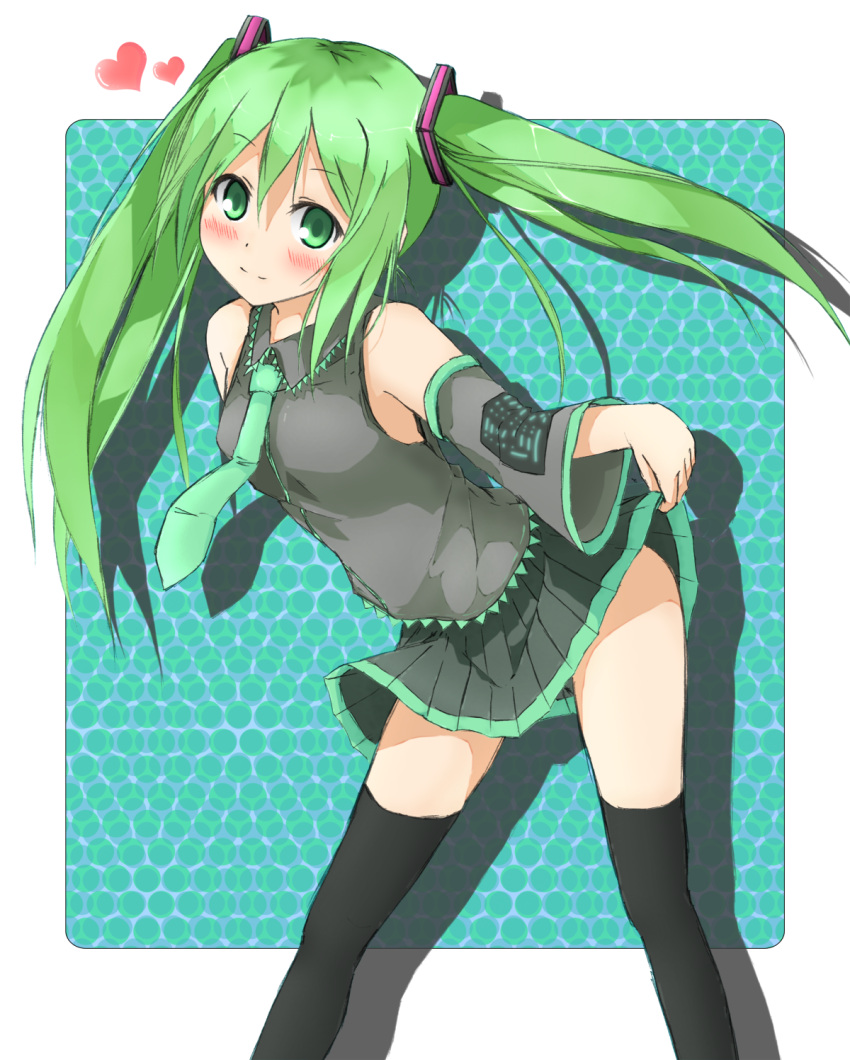 green_eyes, green_hair, hatsune_miku, highres, kurocchi, long_hair, skirt, skirt_lift, smile, solo, thigh-highs, thighhighs, twintails, vocaloid, zettai_ryouiki