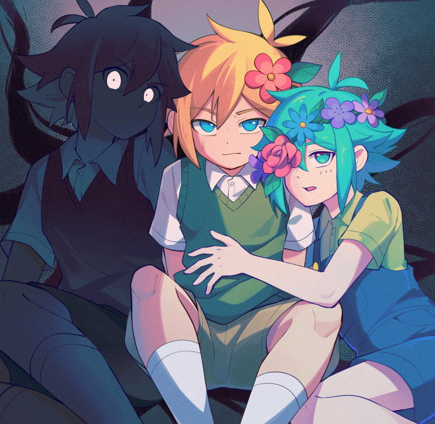 3boys, basil_(faraway)_(omori), basil_(headspace)_(omori), basil_(omori), black_hair, blonde_hair, blue_eyes, blue_overalls