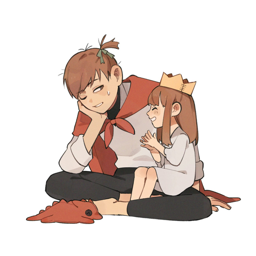 1boy, 1girl, ^_^, alternate_hairstyle, bare_legs, barefoot, black_undershirt, brown_hair, chilchuck_tims, child, clapping, cloak, closed_eyes, crown, dress, dungeon_meshi, father_and_daughter, halfling, hand_on_own_cheek, hand_on_own_face, happy, head_rest, highres, indian_style, lap_pillow, long_hair, long_sleeves, looking_at_another, messy_hair, one_eye_closed, one_side_up, p1ngd0, packpatty_(dungeon_meshi), playing, princess, profile, red_cloak, shirt, short_hair, sidelocks, sideways_glance, simple_background, sitting, sleeves_rolled_up, stuffed_animal, stuffed_dragon, stuffed_toy, white_background, white_dress, white_shirt
