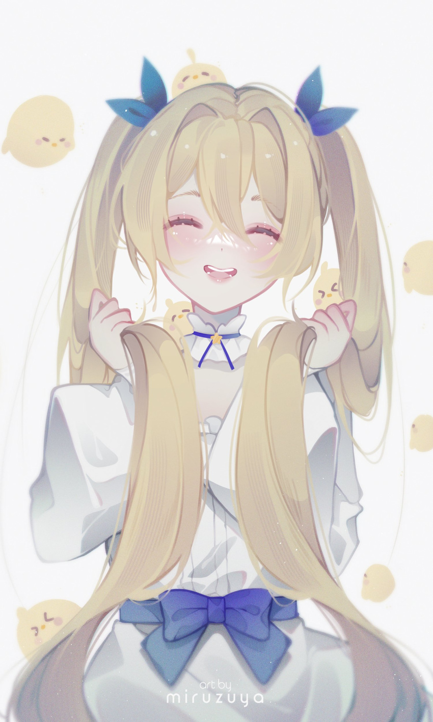 >_<, 1girl, :d, absurdres, artist_name, bird, blonde_hair, blush, bow, closed_eyes, commentary, dokibird_(vtuber), dress, dress_bow, facing_viewer, hair_between_eyes, hair_ribbon, highres, holding, holding_hair, indie_virtual_youtuber, long_hair, long_sleeves, miru_(miruzuya), open_mouth, puffy_sleeves, ribbon, simple_background, smile, solo, teeth, tongue, twintails, very_long_hair, virtual_youtuber, white_background, white_dress