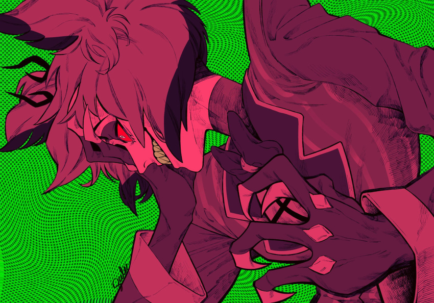 1boy, alastor_(hazbin_hotel), demon, demon_boy, evil_grin, evil_smile, green_background, grin
