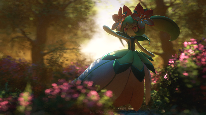 1girl, 3d, commentary_request, flower, freasaloz, hair_flower, hair_ornament, highres, lyleen, monster_girl, no_humans, outdoors, pal_(creature), palworld, pink_flower, plant_girl, solo, source_filmmaker_(medium), tree
