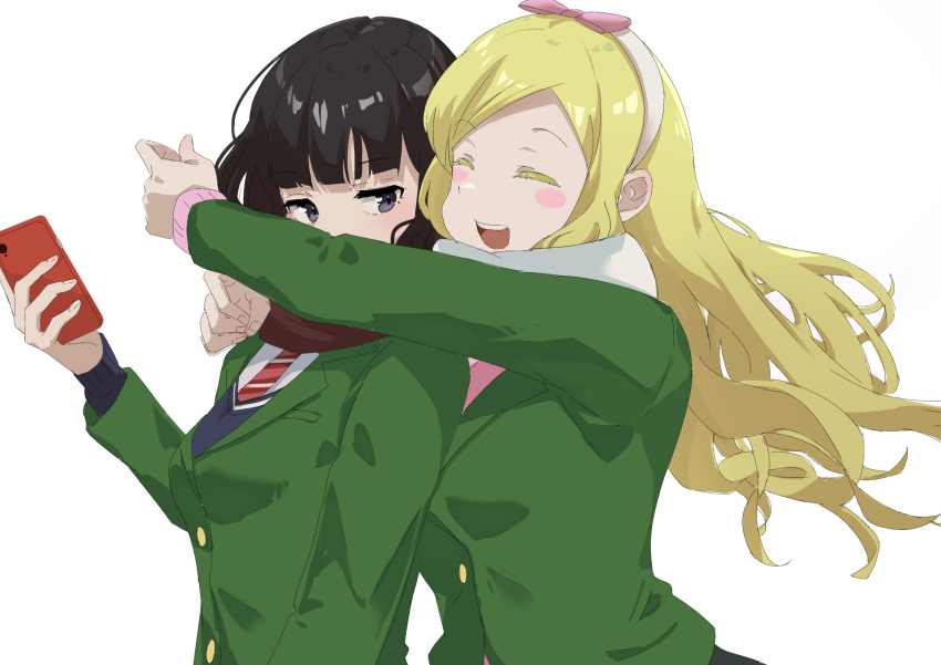 2girls, black_hair, blonde_hair, blush, brown_scarf, carol_olston, closed_eyes, green_shirt