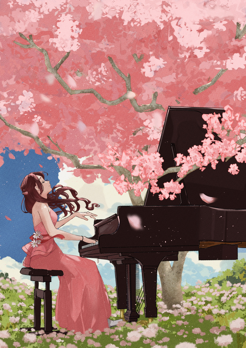1girl, absurdres, brown_hair, cherry_blossoms, closed_eyes, day, dress, flower, highres, instrument, long_hair, music, original, outdoors, petals, piano, piano_bench, pink_dress, playing_instrument, playing_piano, qto_toto, sitting, solo, tree